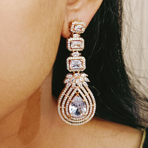 White Stone Gold American Diamond Contemporary Earrings (E50)