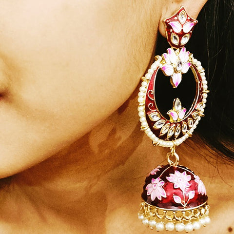 Golden Tone Red Color Traditional Jhumki Earrings (E298)