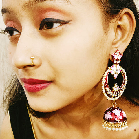 Golden Tone Red Color Traditional Jhumki Earrings (E298)
