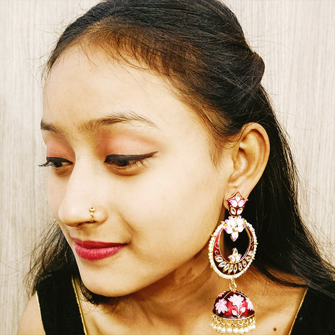 Golden Tone Red Color Traditional Jhumki Earrings (E298)