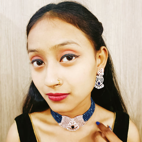 Grey Color Rose Gold American Diamond Necklace with Earrings (D168)