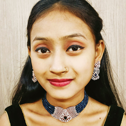 Grey Color Rose Gold American Diamond Necklace with Earrings (D168)