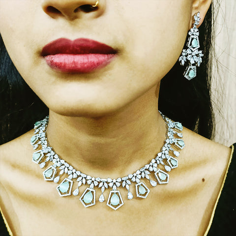 Gold Plated Green Color American Diamond Necklace with Earrings (D173)