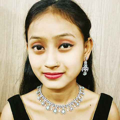 Gold Plated Green Color American Diamond Necklace with Earrings (D173)