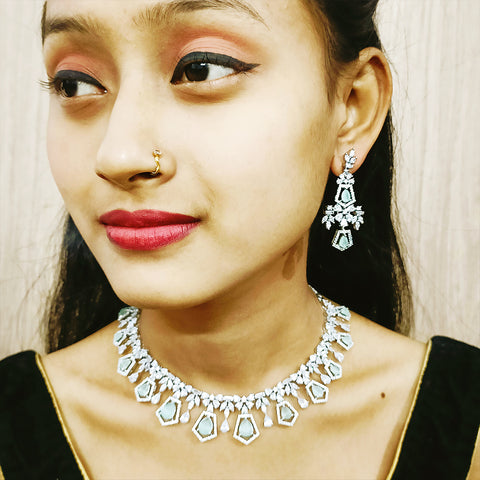 Gold Plated Green Color American Diamond Necklace with Earrings (D173)