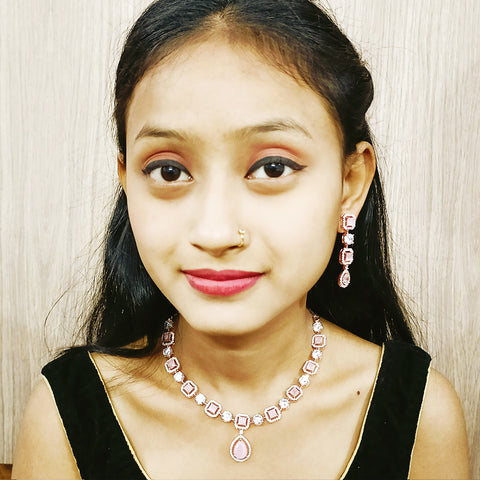 Gold Plated Pink Color American Diamond Necklace with Earrings (D171)