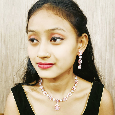 Gold Plated Pink Color American Diamond Necklace with Earrings (D171)