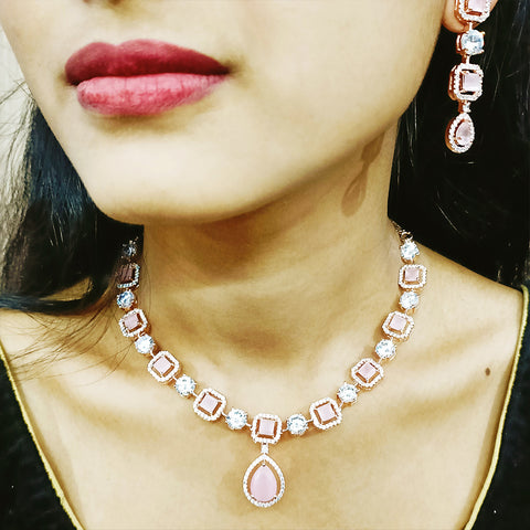 Gold Plated Pink Color American Diamond Necklace with Earrings (D171)