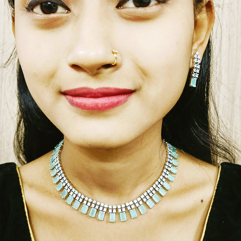 Gold Plated Green Color American Diamond Necklace with Earrings (D172)