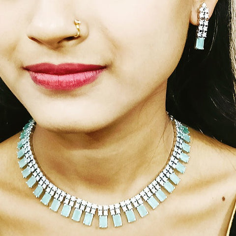 Gold Plated Green Color American Diamond Necklace with Earrings (D172)