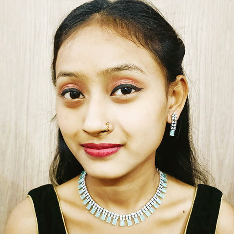 Gold Plated Green Color American Diamond Necklace with Earrings (D172)