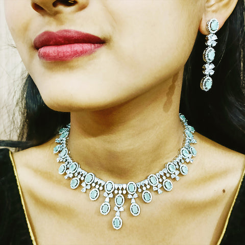 Gold Plated Green Color American Diamond Necklace with Earrings (D174)