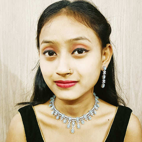 Gold Plated Green Color American Diamond Necklace with Earrings (D174)