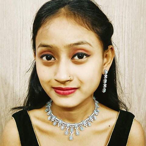 Gold Plated Green Color American Diamond Necklace with Earrings (D174)