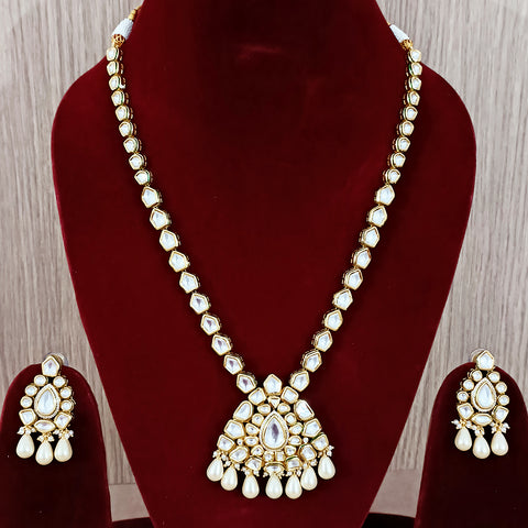 Designer White Kundan & Cream Beads Long Necklace with Earrings (D193)