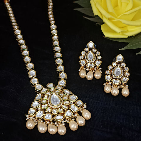 Designer White Kundan & Cream Beads Long Necklace with Earrings (D191)