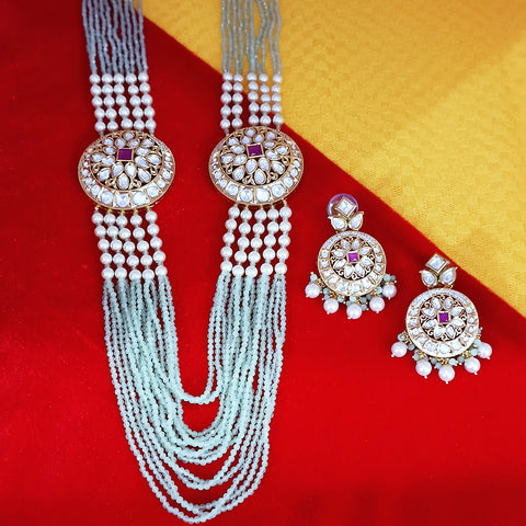 Designer White Kundan & Green Beads Long Necklace with Earrings (D195)