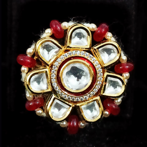 Designer Gold Plated Kundan Beaded Ring (Design 77)