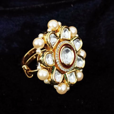 Designer Gold Plated Kundan Beaded Ring (Design 78)