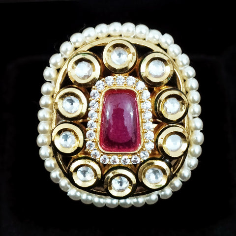 Designer Gold Plated White & Red Kundan Beaded Ring (Design 83)