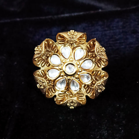 Designer Gold Plated White Kundan Beaded Ring (Design 87)