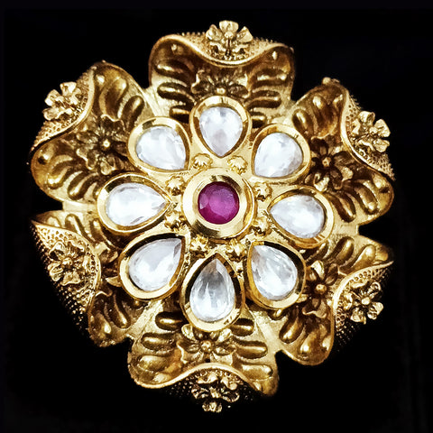 Designer Gold Plated White & Red Kundan Beaded Oxidized Ring (Design 89)