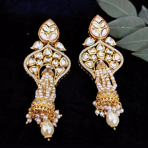 Gold Plated Beautifully White Beaded Kundan Earrings (E310)