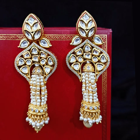 Gold Plated Beautifully White Beaded Kundan Earrings (E310)
