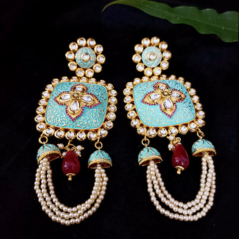 Gold Plated Beautifully White,& Red Beaded Kundan Earrings (E314)