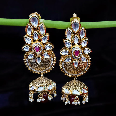 Gold Plated Beautifully White & Red Beaded Kundan Earrings (E305)