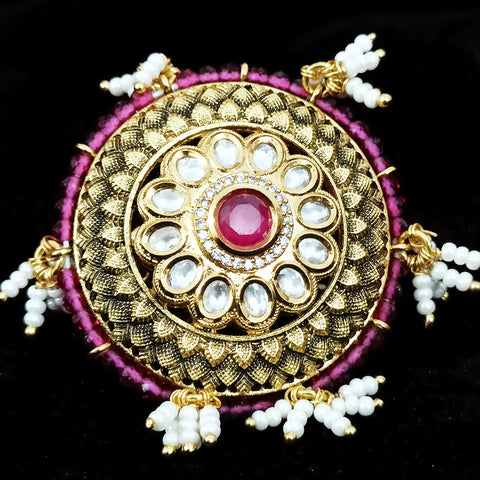 Designer Gold Plated White & Red Kundan Beaded Ring (Design 79)