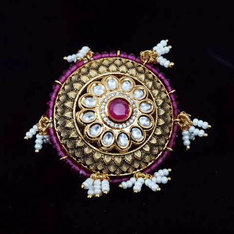 Designer Gold Plated White & Red Kundan Beaded Ring (Design 79)