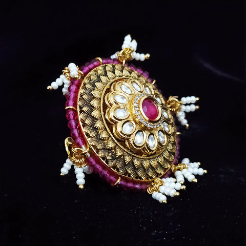 Designer Gold Plated White & Red Kundan Beaded Ring (Design 79)