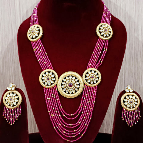 Designer White Kundan & Beads Long Necklace with Earrings (D197)