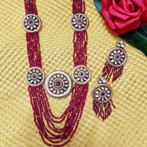 Designer White Kundan & Beads Long Necklace with Earrings (D197)