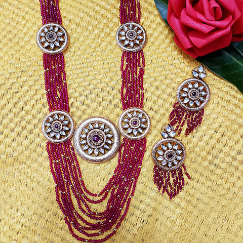 Designer White Kundan & Magenta Beads Long Necklace with Earrings (D197)