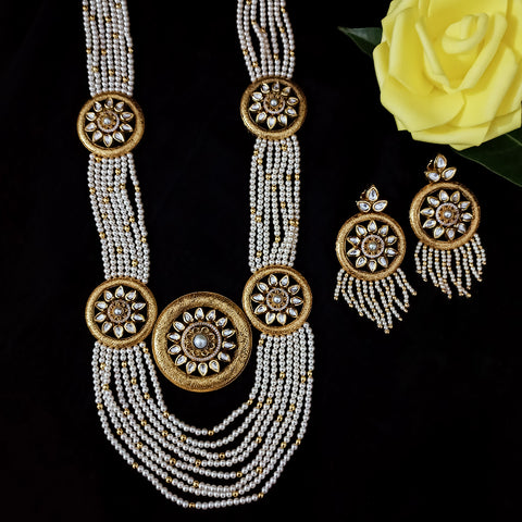 Designer White Kundan & White Beads Long Necklace with Earrings (D198)