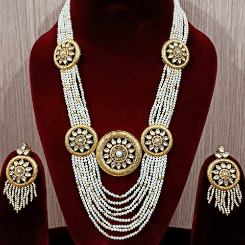 Designer White Kundan & White Beads Long Necklace with Earrings (D198)