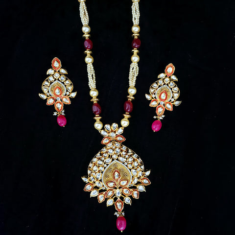 Designer White Kundan Long Necklace with Earrings (D182)