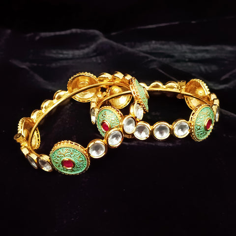 Gold Plated Kundan & Meena Work Openable Bracelet (Design 77)