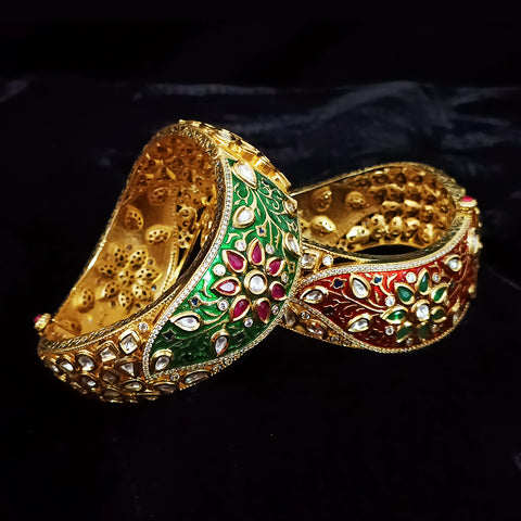 Gold Plated Kundan & Meena Work Openable Bracelet (Design 76)
