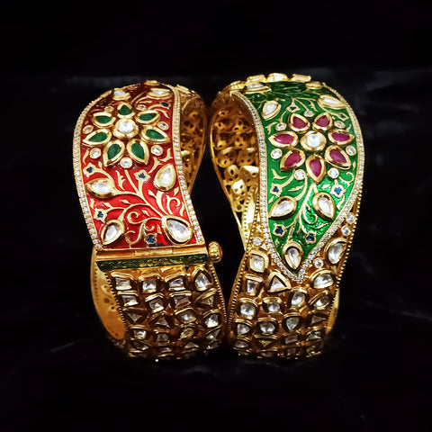 Gold Plated Kundan & Meena Work Openable Bracelet (Design 76)