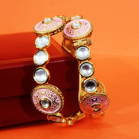 Gold Plated Kundan & Meena Work Openable Bracelet (Design 78)