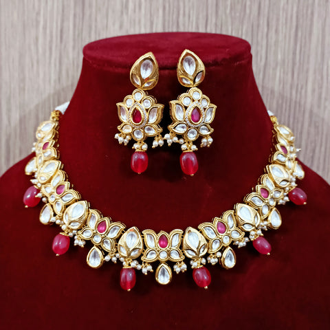 Designer Single Layer White & Red Kundan Necklace in Floral Design with Earrings (D209)