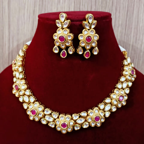 Designer Single Layer Kundan Necklace in Floral Design with Earrings