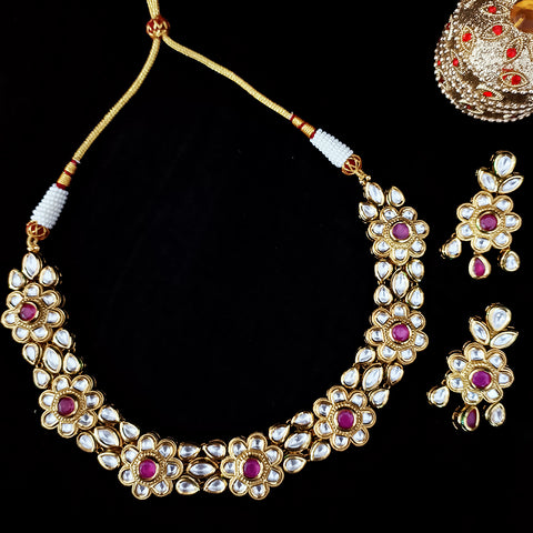 Designer Single Layer Kundan Necklace in Floral Design with Earrings