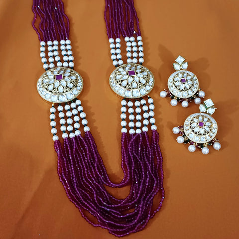 Designer White Kundan & Pink Beads Long Necklace with Earrings (D189)