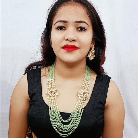 Designer White Kundan & Green Beads Long Necklace with Earrings (D195)
