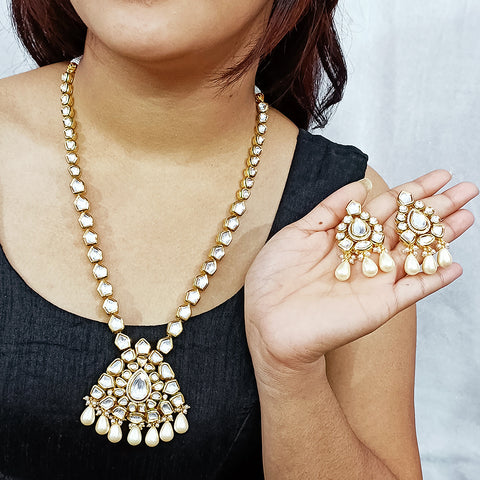 Designer White Kundan & Cream Beads Long Necklace with Earrings (D191)