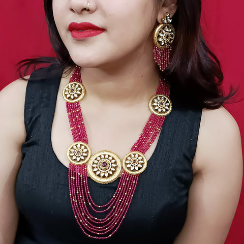 Designer White Kundan & Magenta Beads Long Necklace with Earrings (D197)